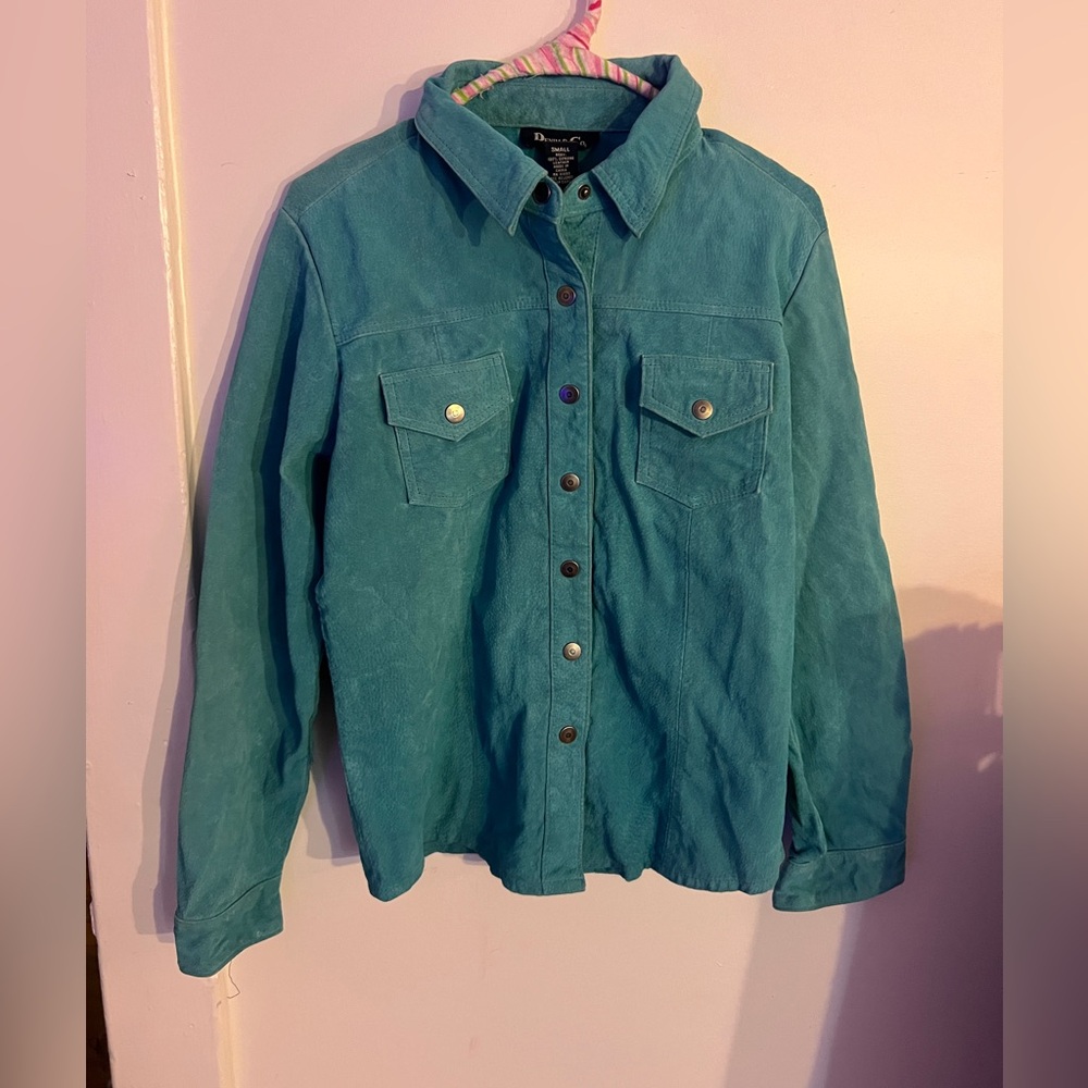 Denim & Co. turquoise genuine leather/suede button up top.